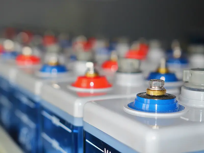 Rows of industrial battery cells with watering caps, Barns Industrial Battery Services