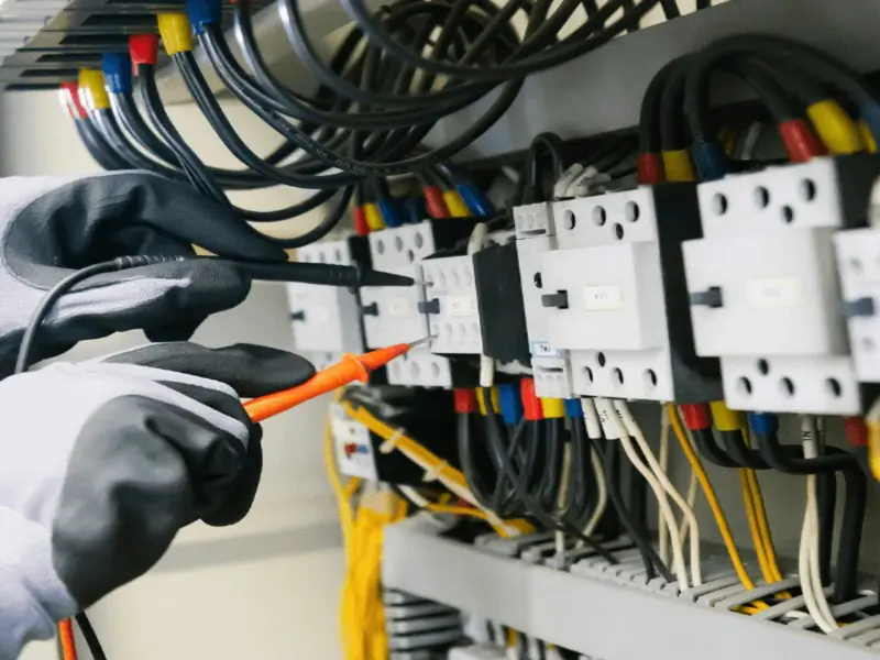 Technician checking electrical connections on charging equipment, Barns Industrial Battery Services